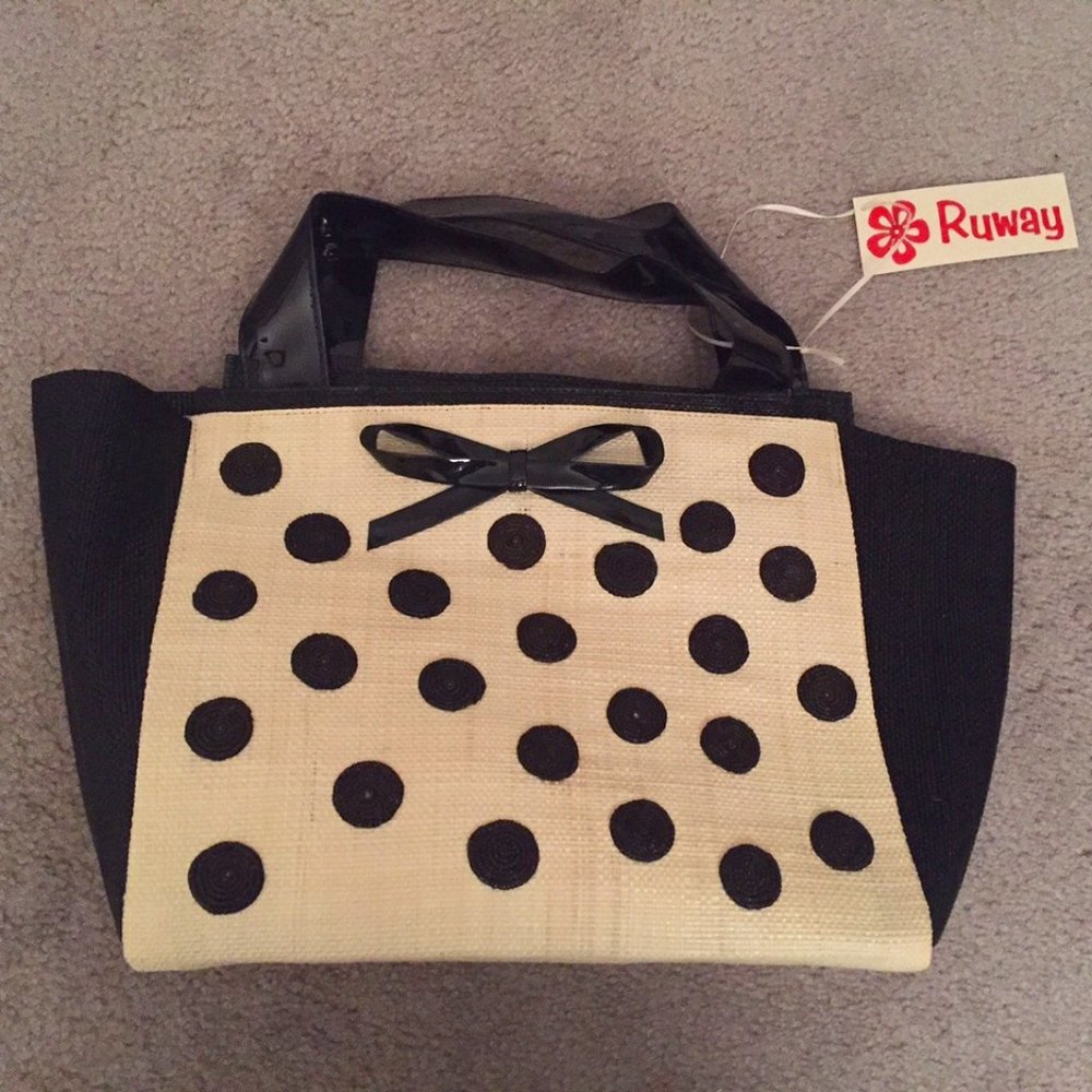 New Handmade Organic Palm Black & White Dot Bag Purse - Great Tote Cruise Wear